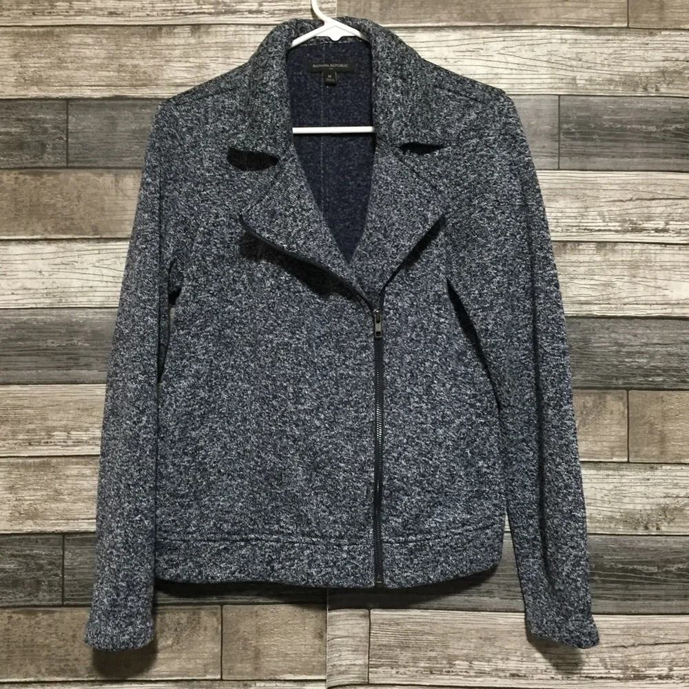 Banana Republic Fleece Jacket Women’s M Heather Navy Blue Asymmetrical Zip. - Picture 3 of 9